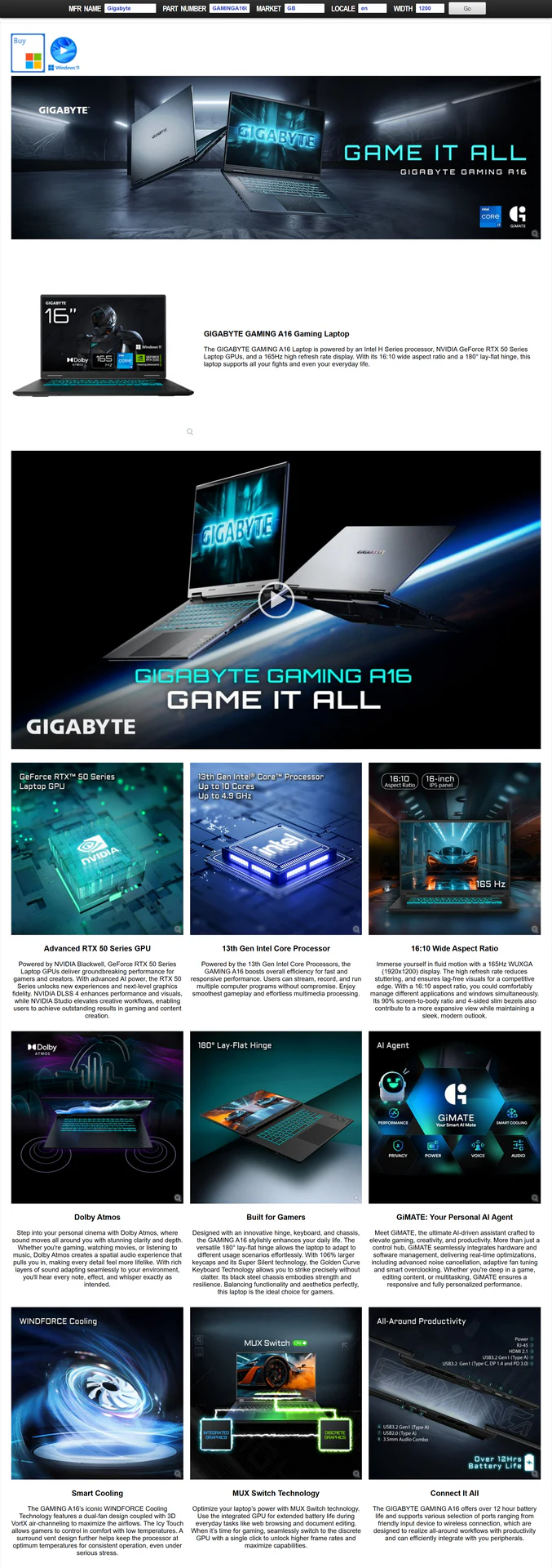 Gigabyte GAMING A16 GA6H i7-13620H - 16GB DDR5 - 1TB NVMe SSD - RTX 5050 8GB GDDR7- 16" FHD + 165Hz - Black - CTHI3AE894SD