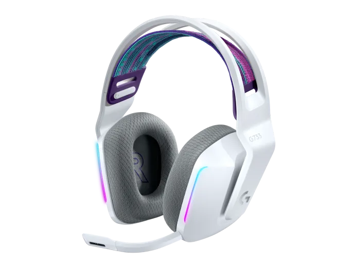 Logitech G733 Lightspeed Wireless Gaming Headset with Suspension Headband, LIGHTSYNC RGB, Blue VO!CE mic Technology and PRO-G Audio Drivers - White