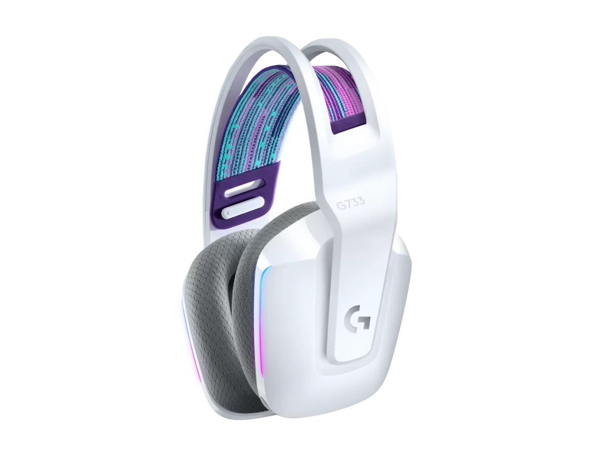 Logitech G733 Lightspeed Wireless Gaming Headset with Suspension Headband, LIGHTSYNC RGB, Blue VO!CE mic Technology and PRO-G Audio Drivers - White