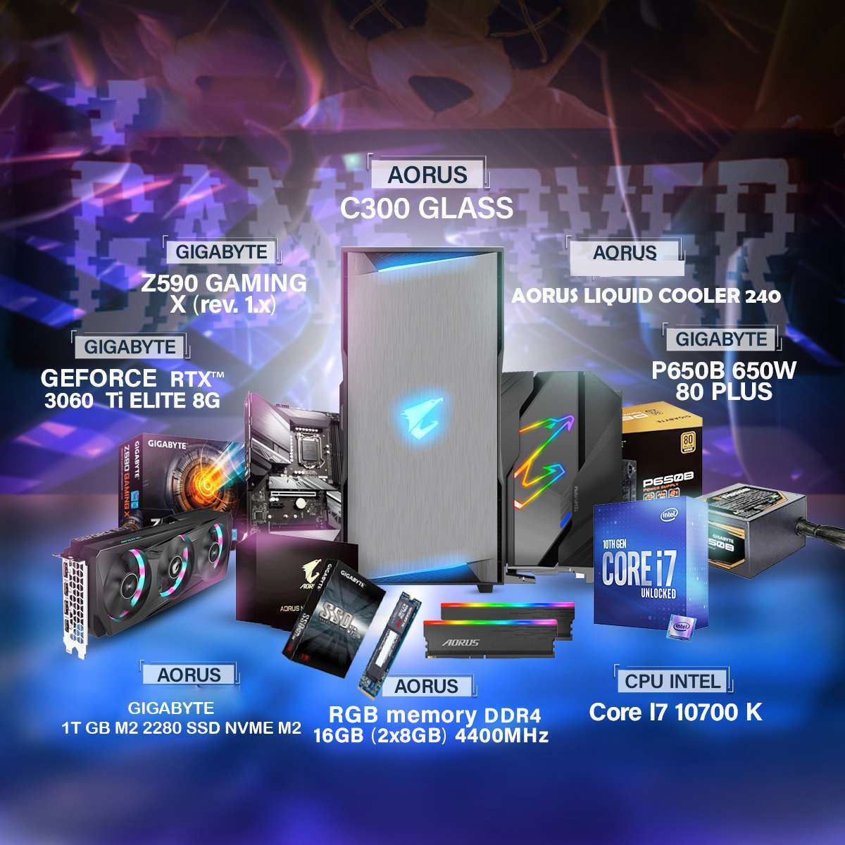 Gaming PC-Core I7 10700 K-16GB 2x8GB DDR4 4400MHZ-1TB M2 SSD GEN4-RTX™ 3060 Ti ELITE 8G-Z590 GAMING X&nbsp;-C300 GLASS- P 650 B 650W 80 PLUS-LIQUID COOLER 240