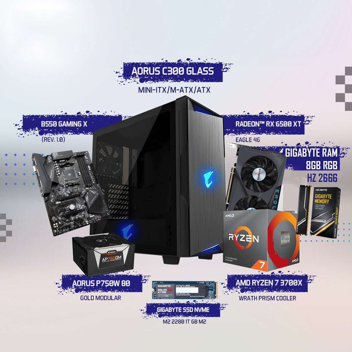 Gaming PC-AMD RYZEN 7 3700X WRATH PRISM COOLER-8GB (1x8GB) 2666MHz-SSD NVME M2 2280 1T GB M2-B550 GAMING X-RX 6500 XT EAGLE 4G- C300 GLASS-P750W 80+ GOLD Modular
