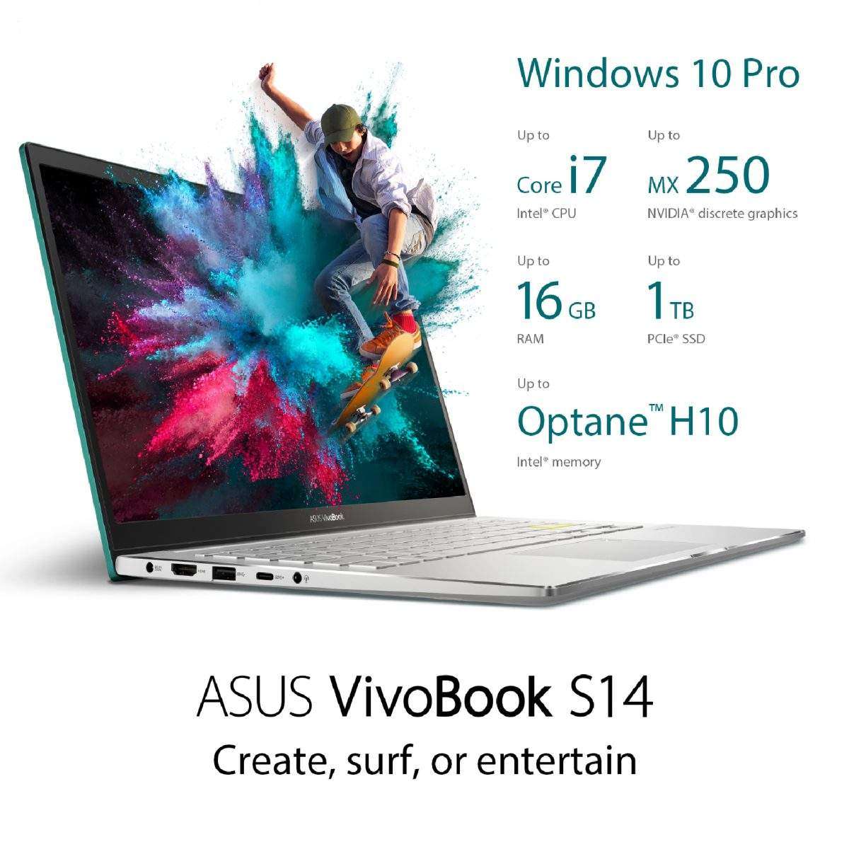 Asus Vivobook S14 S433EQ-AM07GW Intel Core™ i7-1165G7, 16GB DDR4 Ram, 512GB SSD, Nvidia GeForce MX350 2GB GDDR5, 14 Inch - Win 11-Gaia Green