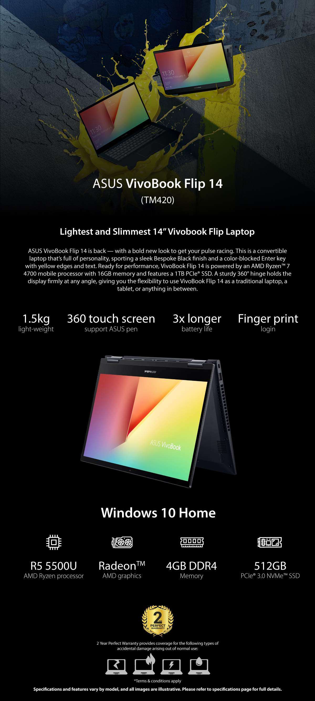Asus VivoBook Flip 14 TM420UA-EC005T - AMD Ryzen™ 5-5500U - 8GB - 512GB SSD - AMD Radeon™ Graphics - 14"" FHD - Win10 - Bespoke Black
