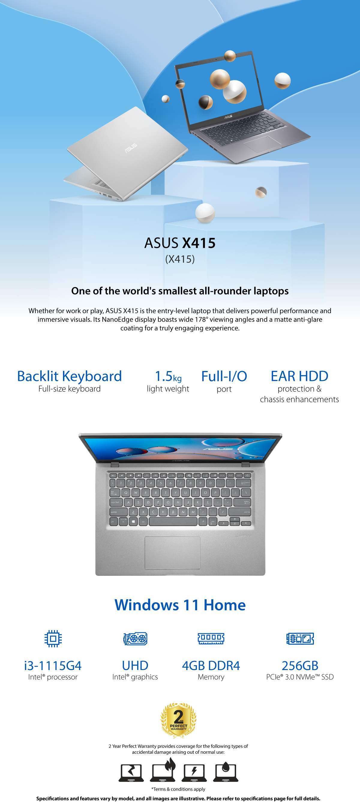 Asus X415EA-BL003W Intel® Core™ i3-1115G4, 4GB DDR4 Ram, 256GB SSD, Intel® UHD Graphics, 14 Inch - Win 11-Transparent Silver