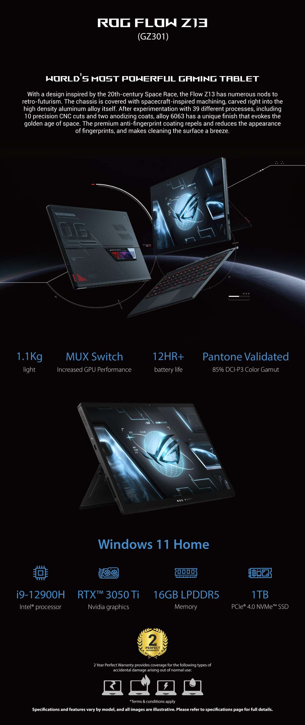 ASUS ROG Flow Z13 GZ301ZE-LC180W Gaming Laptop 13.4-inch UHD+ 16:10 (3840 x 2400, WQUXGA) 60Hz Intel Ci9-12900H 16G RAM 1TB SSD Nvidia RTX  3050 Ti 4G Win 11 90NR07X1-M00HL0