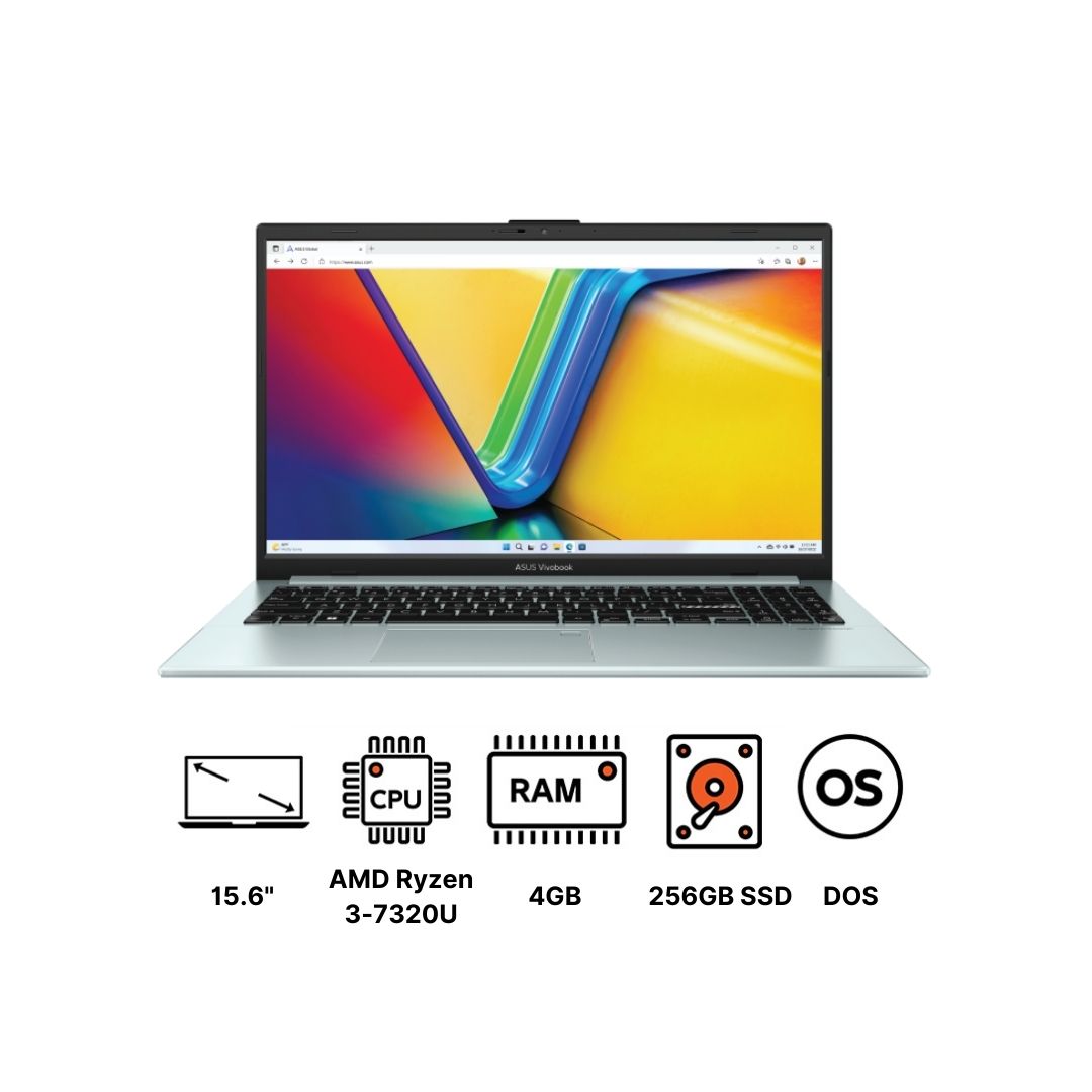 Asus Vivobook Go 15 E1504FA NJ001 Laptop, AMD Ryzen 3 7320U, 256GB SSD, 4GB RAM, 15.6 Inch, FHD LED 60Hz Display, AMD Radeon Graphics, FreeDOS - Green Grey