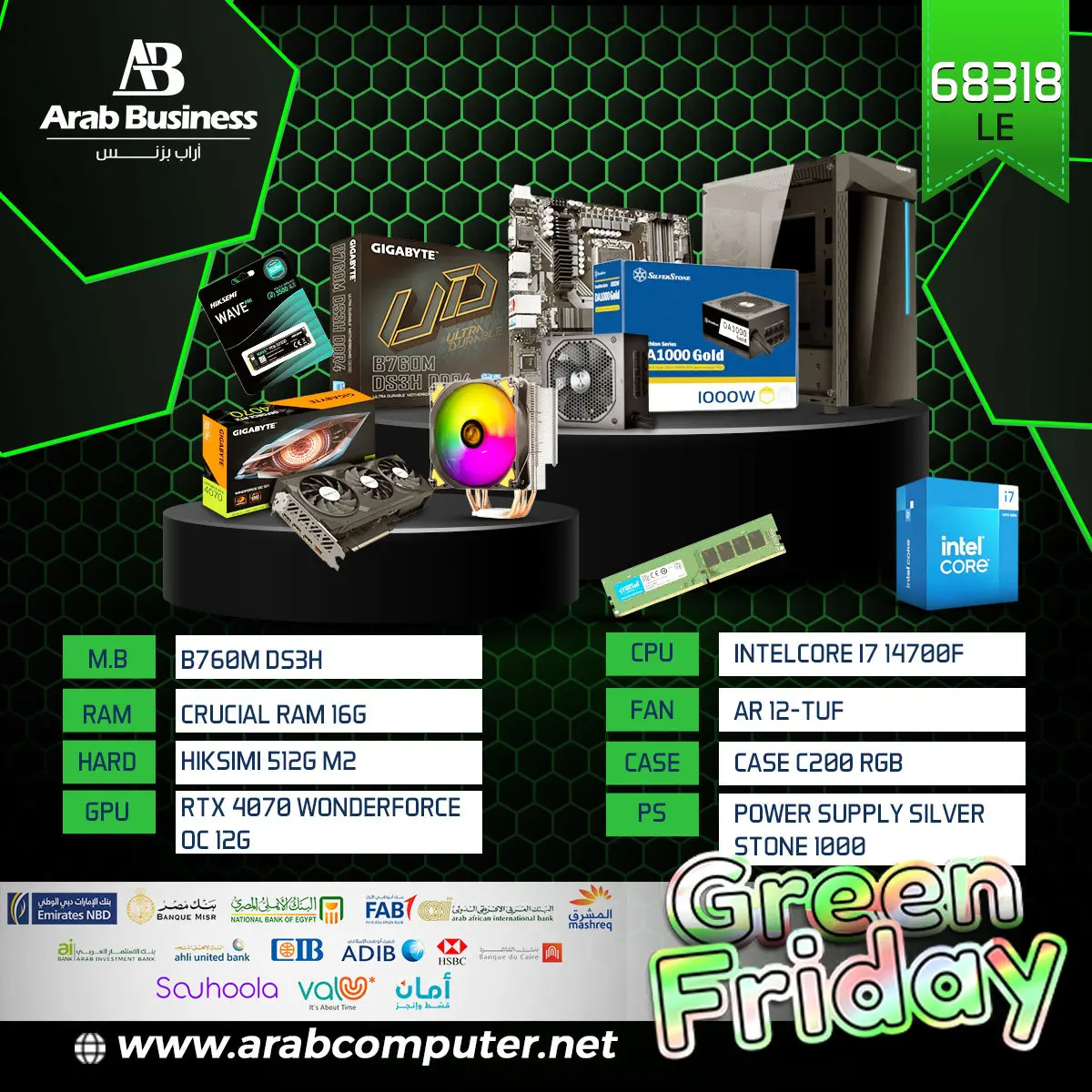 Intelcore i7 14700F - B760m DS3H - Crucial Ram 16G  - RTX 4070 Wonderforce OC 12G  - Hiksimi 512G m2 - AR 12-TUF  - Case c200 RGB