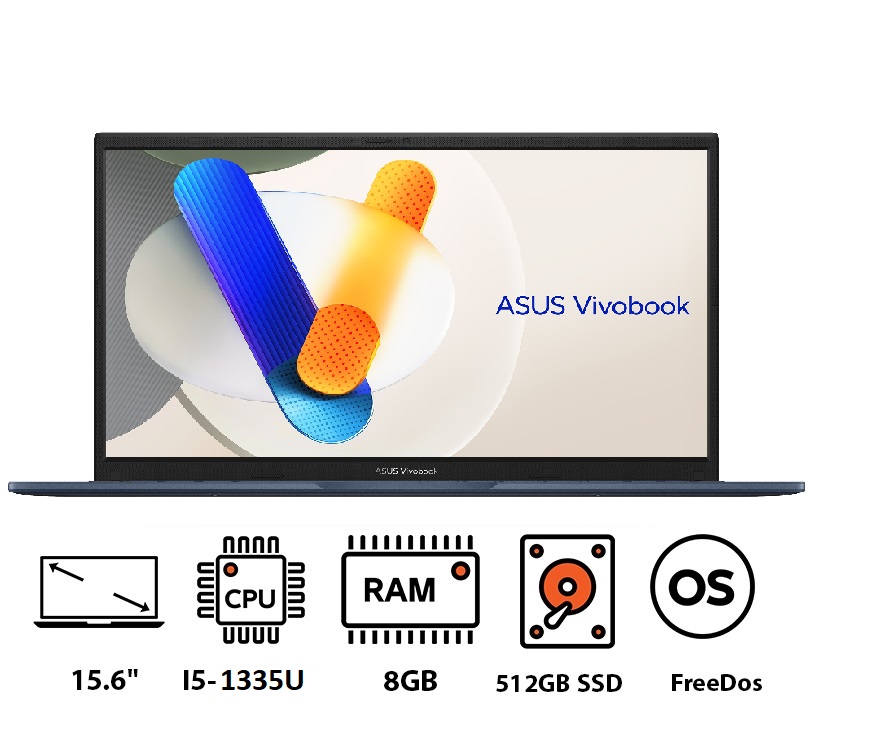 Asus Vivobook 15 X1504VA-NJ005 Laptop, Intel Core i5-1335U, 512GB SSD, 8GB RAM, 15.6 Inch, FHD, 60Hz, Intel UHD Graphics, FREEDOS - Quiet Blue