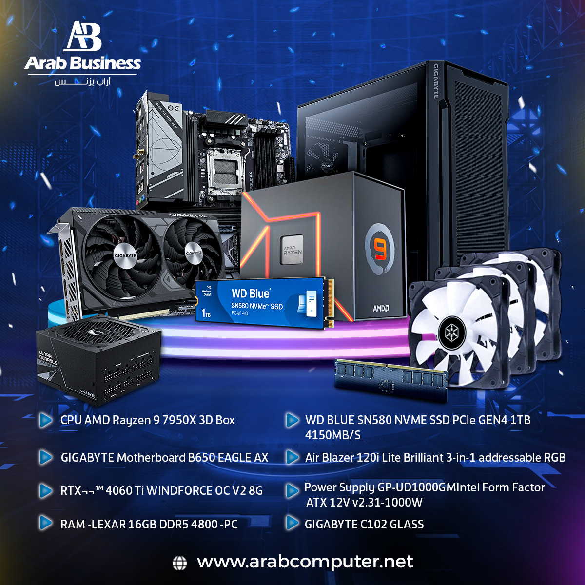 AMD Rayzen 9 7950X 3D Box - Motherboard B650 EAGLE AX - RTX¬¬™ 4060 Ti WINDFORCE OC V2 8G - RAM -LEXAR 16GB DDR5  - NVME SSD PCIe GEN4 1TB