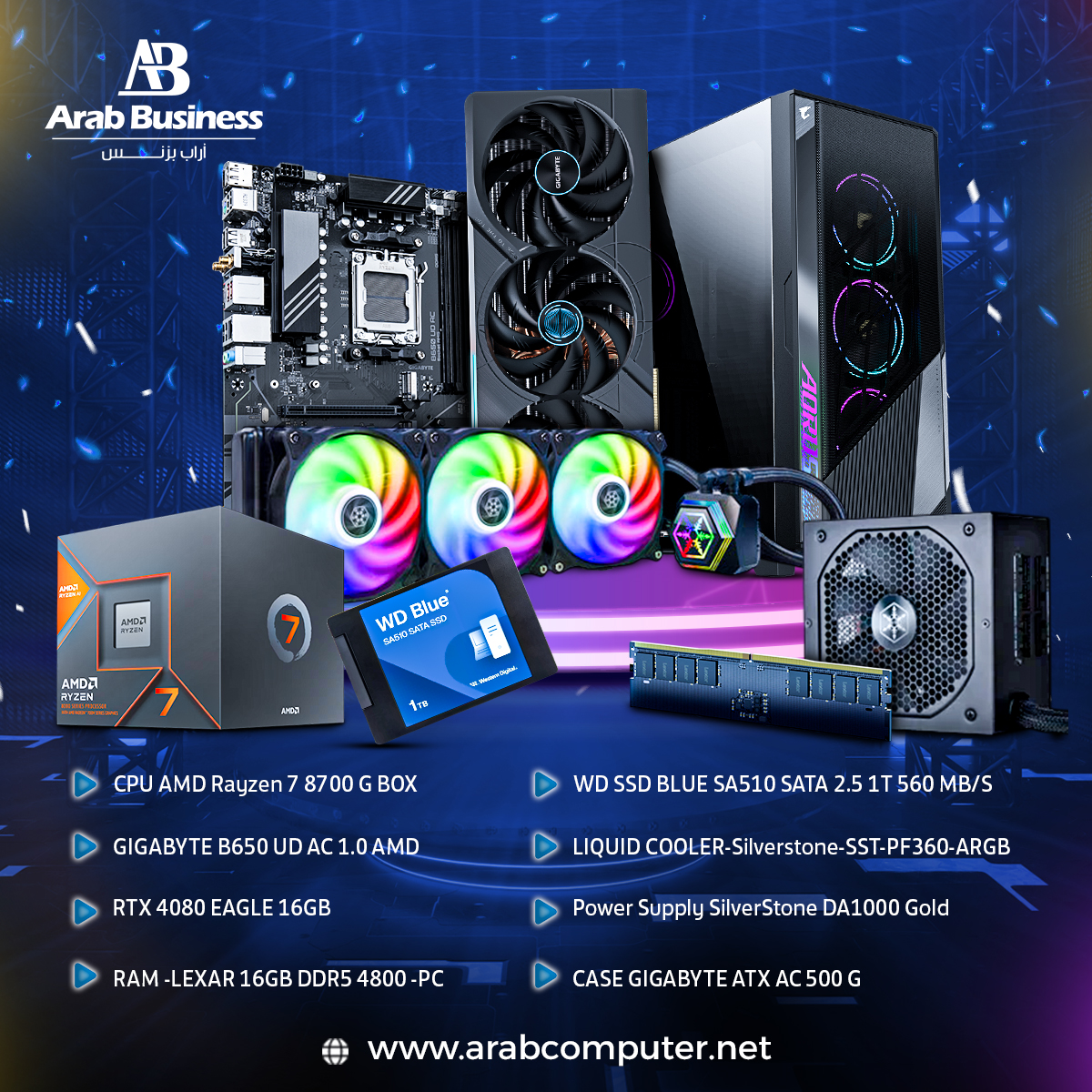 AMD Rayzen 7 8700 G BOX - GIGABYTE B650 UD AC 1.0 AMD - RTX 4080 EAGLE 16GB - RAM -LEXAR 16GB DDR5  - WD SSD BLUE SA510 SATA 2.5 1T