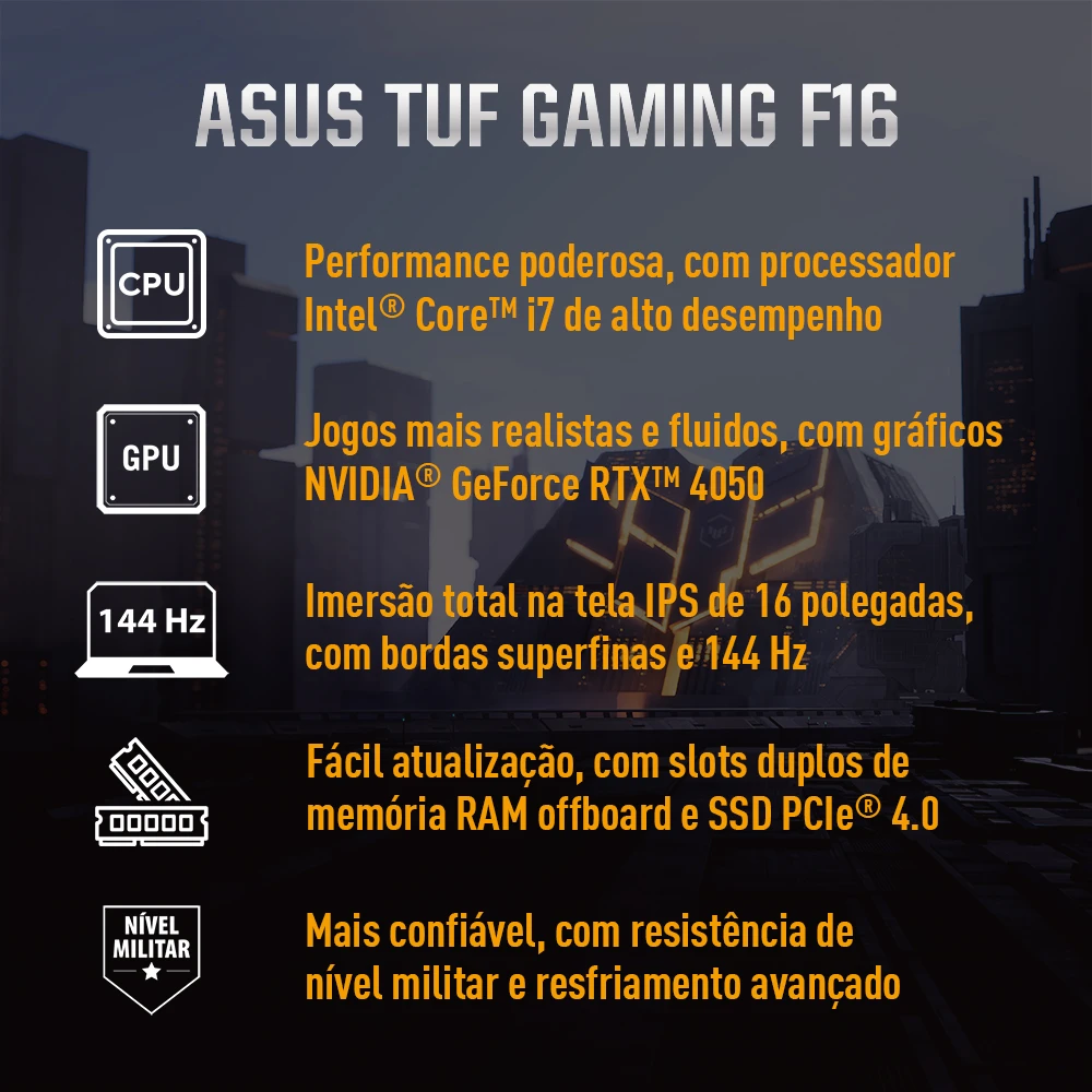 Notebook ASUS TUF Gaming F16 FX607VU- RL007W-I7 13620H RTX 4050 16GB RAM 512GB SSD-   Win11