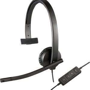 Logitech H570e Wired Headset, mono Headphones with Noise-Cancelling Microphone, USB, in-Line Controls with Mute Button, Indicator LED, PC/Mac/Laptop - Black