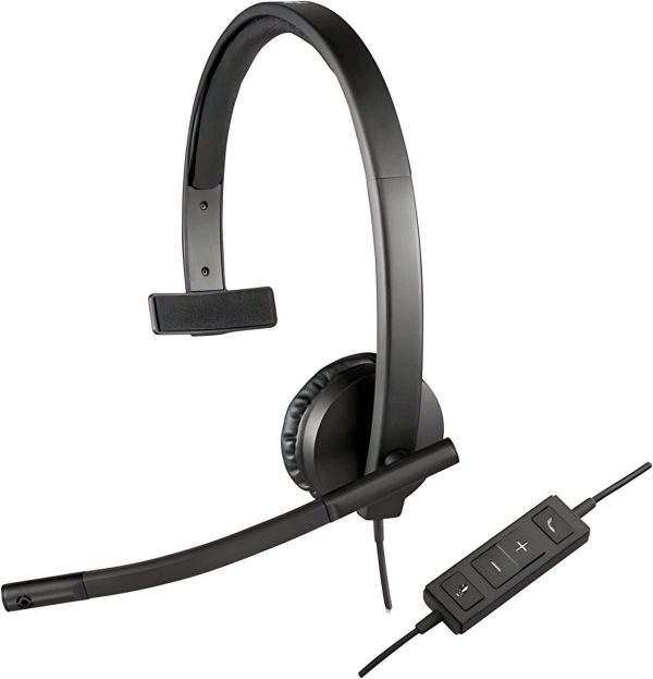Logitech H570e Wired Headset, mono Headphones with Noise-Cancelling Microphone, USB, in-Line Controls with Mute Button, Indicator LED, PC/Mac/Laptop - Black