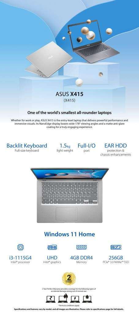 Asus X415EA-BV003W Intel® Core™ i3-1115G4, 4GB DDR4 Ram, 256GB SSD, Intel® UHD Graphics, 14 Inch - Win 11 - Slate Grey