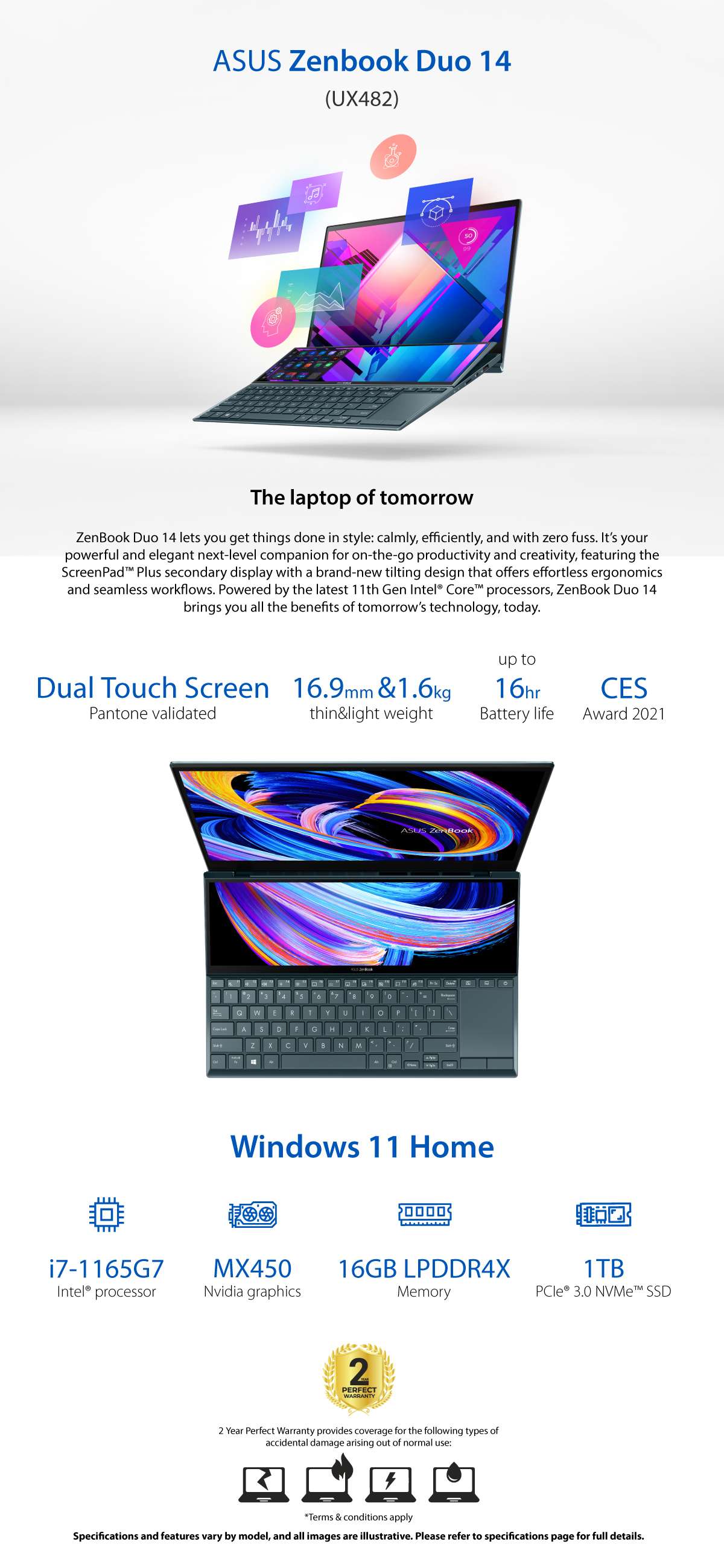 Asus Zenbook Duo 14UX482EG-HY007W, Intel® Core™ i7-1165G7 Processor, 16GB LPDDR4X, 1TB M.2 NVMe™ PCIe® 3.0 SSD, 14.0-inch, Windows 11