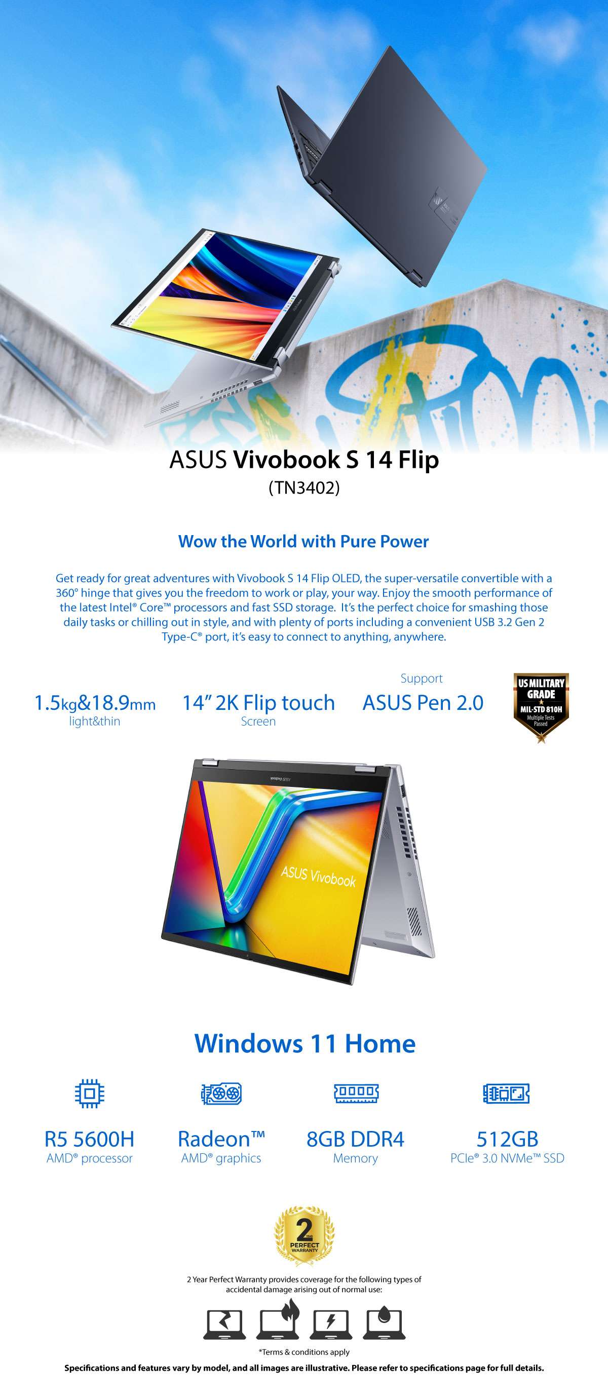 Asus Vivobook S 14 Flip TN3402QA-LZ005W Laptop 14 inch WUXGA Flip Touch AMD R5-5600H 8GB RAM 512GB SSD AMD Radeon Win11 Stylus Pen 90NB0WT1-M00950