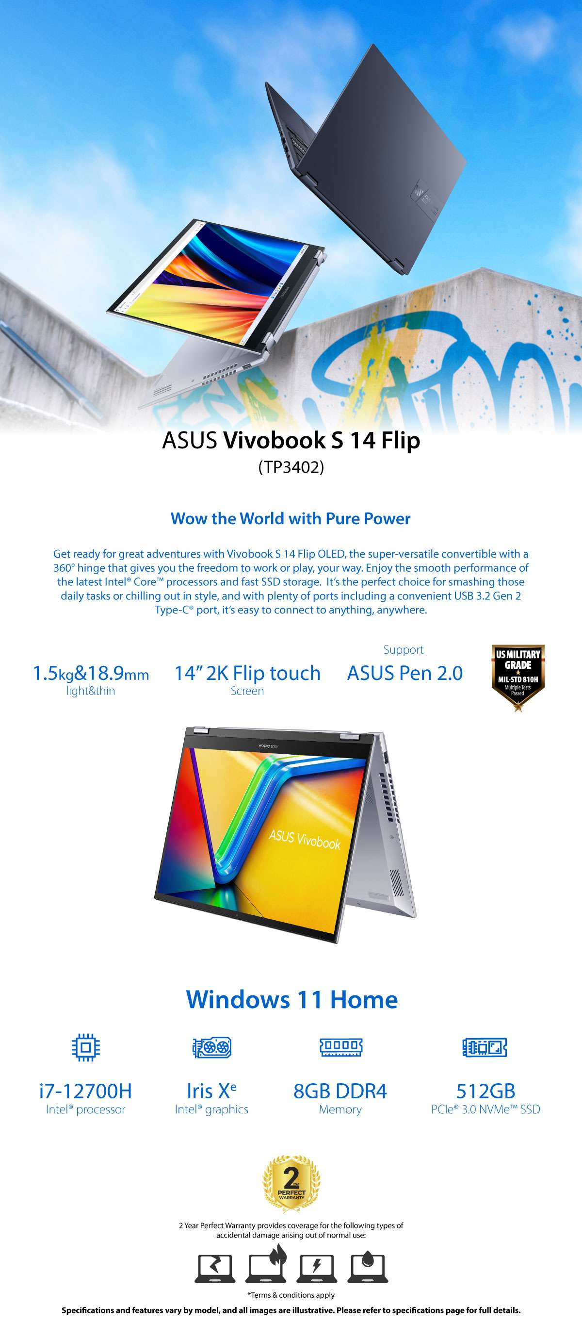Asus Vivobook S 14 Flip TP3402ZA-LZ007W 14 Inch WUXGA Touch with Pen Intel Ci7-12700H 8G RAM 512GB SSD Intel Graphics Win 11 Silver- 90NB0WR2-M00940