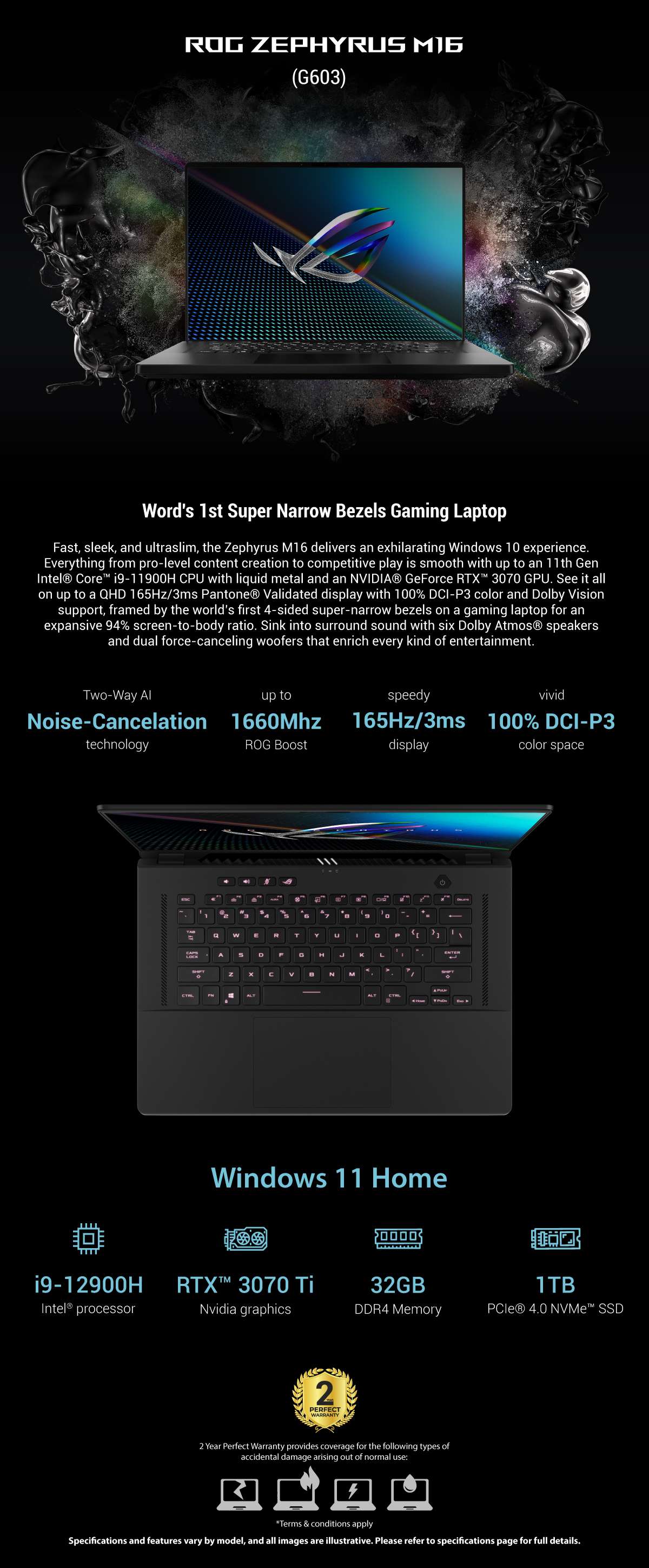 ASUS ROG Zephyrus M16 GU603ZW-K8069W Intel Core I9-12900H 1TB SSD 32GB Ram Nvidia GeForce RTX 3070Ti 8GB 16'' Inch WQXGA Win.11