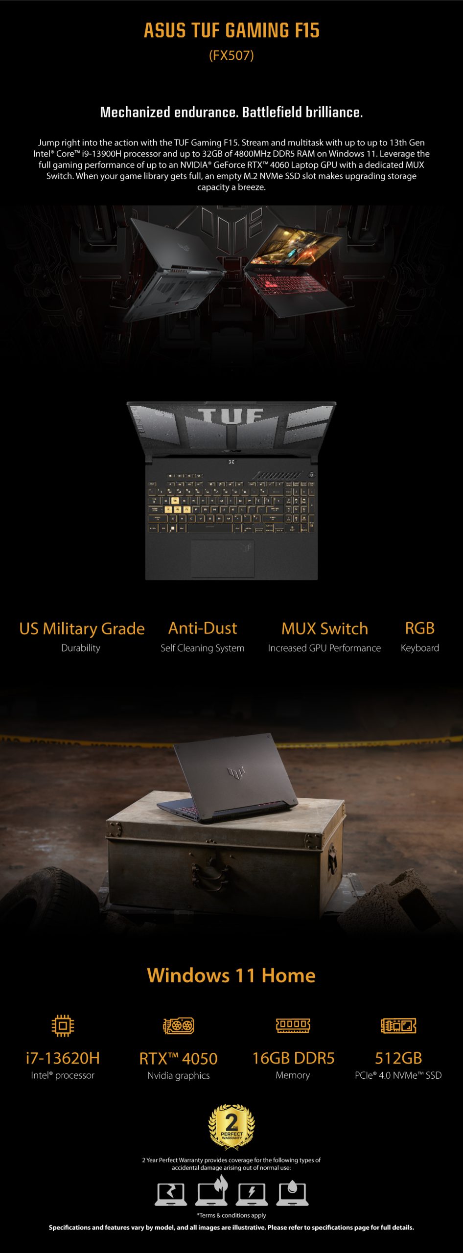 ASUS TUF Gaming F15 (FX507VU) 13th Gen Intel® Core™ i7-13620H Processor DDR5 16GB 512GB M.2 SSD NV RTX 4050 Laptop GPU 15.6″ FHDMecha Gray 
