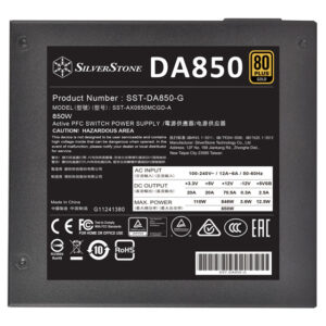 DA850 Gold 80 PLUS Gold 850W fully modular ATX power supply High efficiency with 80 PLUS Gold certification 24/7 continuous power output with 40℃ operating temperature Class-leading single +12V rail Silent running 120mm FDB fan with 18 dBA minimum Japanese electrolytic capacitors Specially designed cover designed to effectively dissipate the residual heat Compact design with a 140mm depth for easy integration Strict ±3% voltage regulation and low ripple & noise