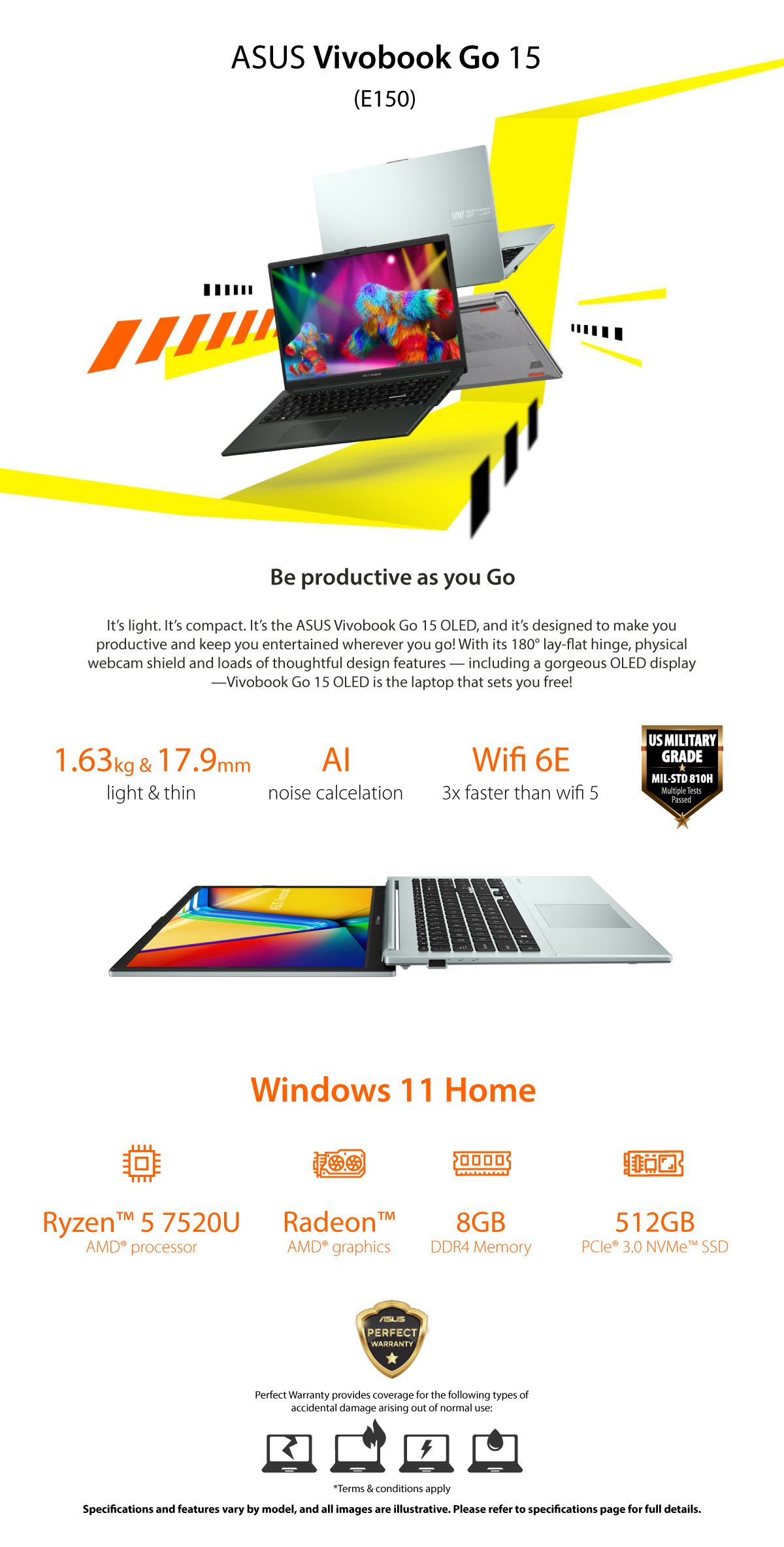  ASUS VivoBook Go 15 OLED E1504FA-OLED005W -AMD Ryzen 5 7520U – 8GB RAM -512GB M.2 SSD – AMD Radeon Graphics -15.6-Inch FHD 60Hz Display – Windows 11 Home