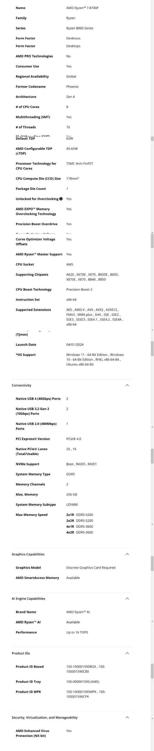 CPU AMD Rayzen 7 8700 F Box